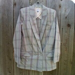 CAbi BLAZSER WOMENS SZ 8 PLAID GRAY DOUBLE BREASTED SLEUTH LONGLINE LONG SLEEVES